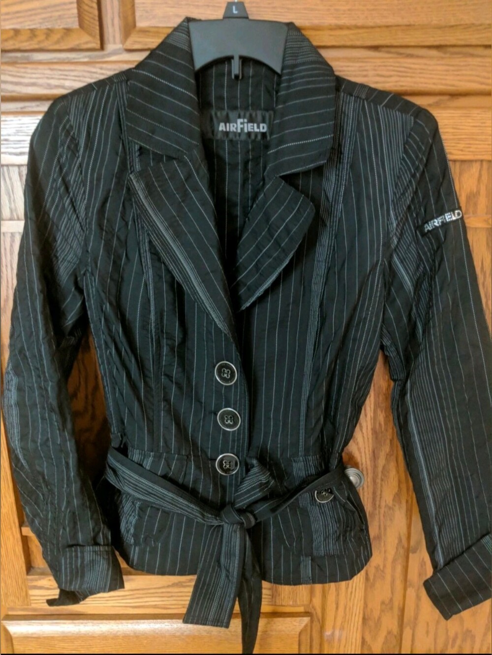 Women's Airfield Black & White Striped Tied Blazer Coat W/ Large Buttons Sz. M